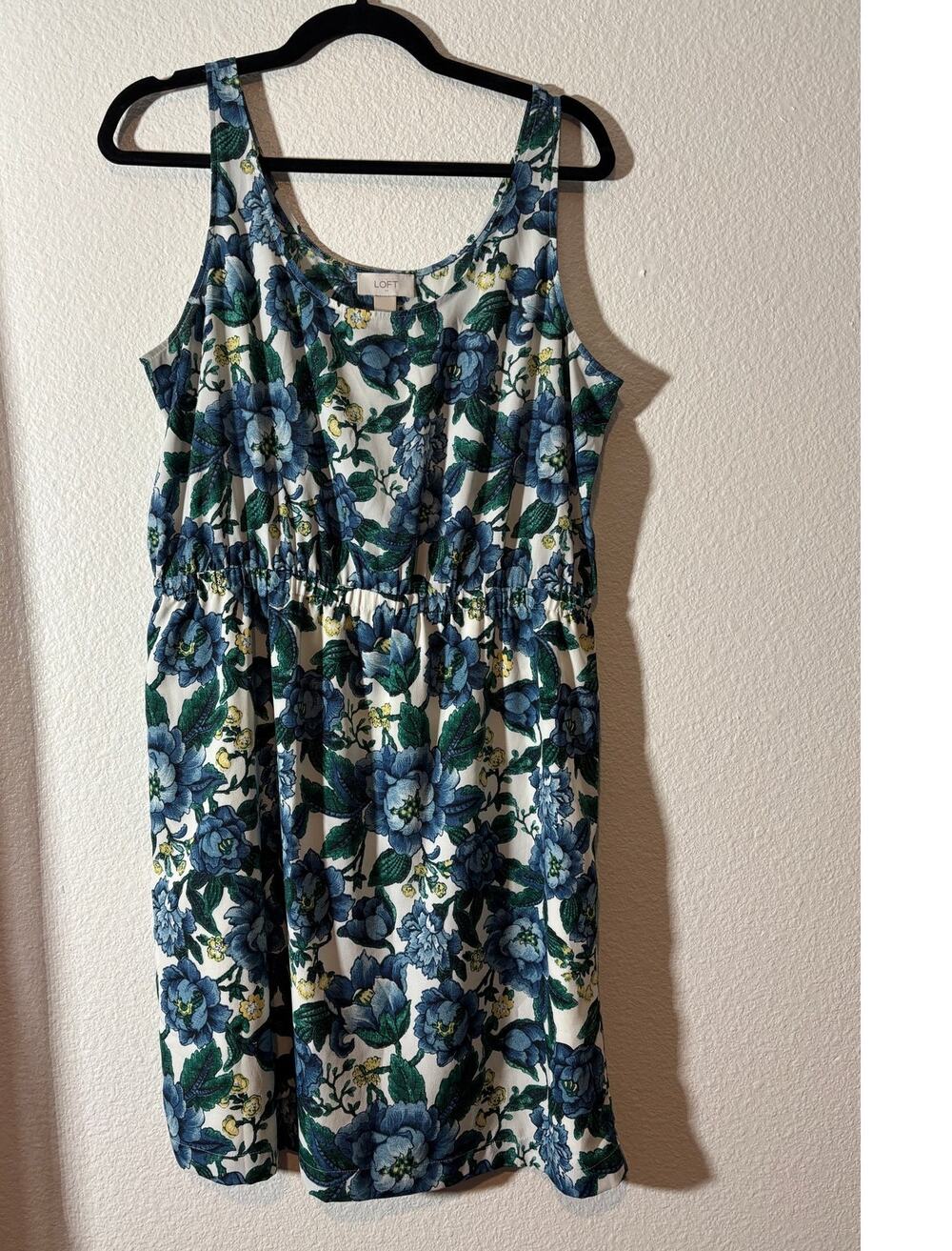 Ann Taylor LOFT Size 10 Blue Floral Cinched Elastic Waist Sleeveless Tank Dress